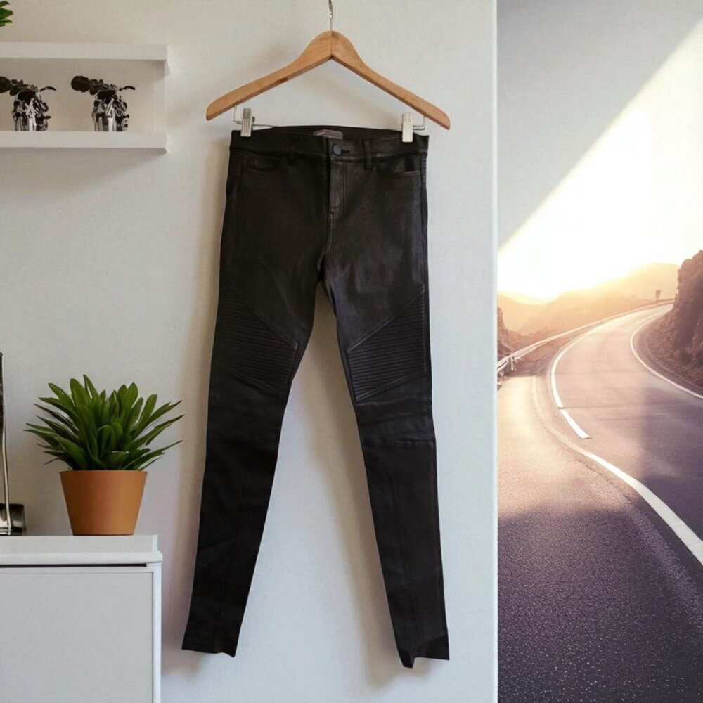 Vince 100% Real Leather Black Moto Pants Size 0 Biker Slim Fit - Flaw